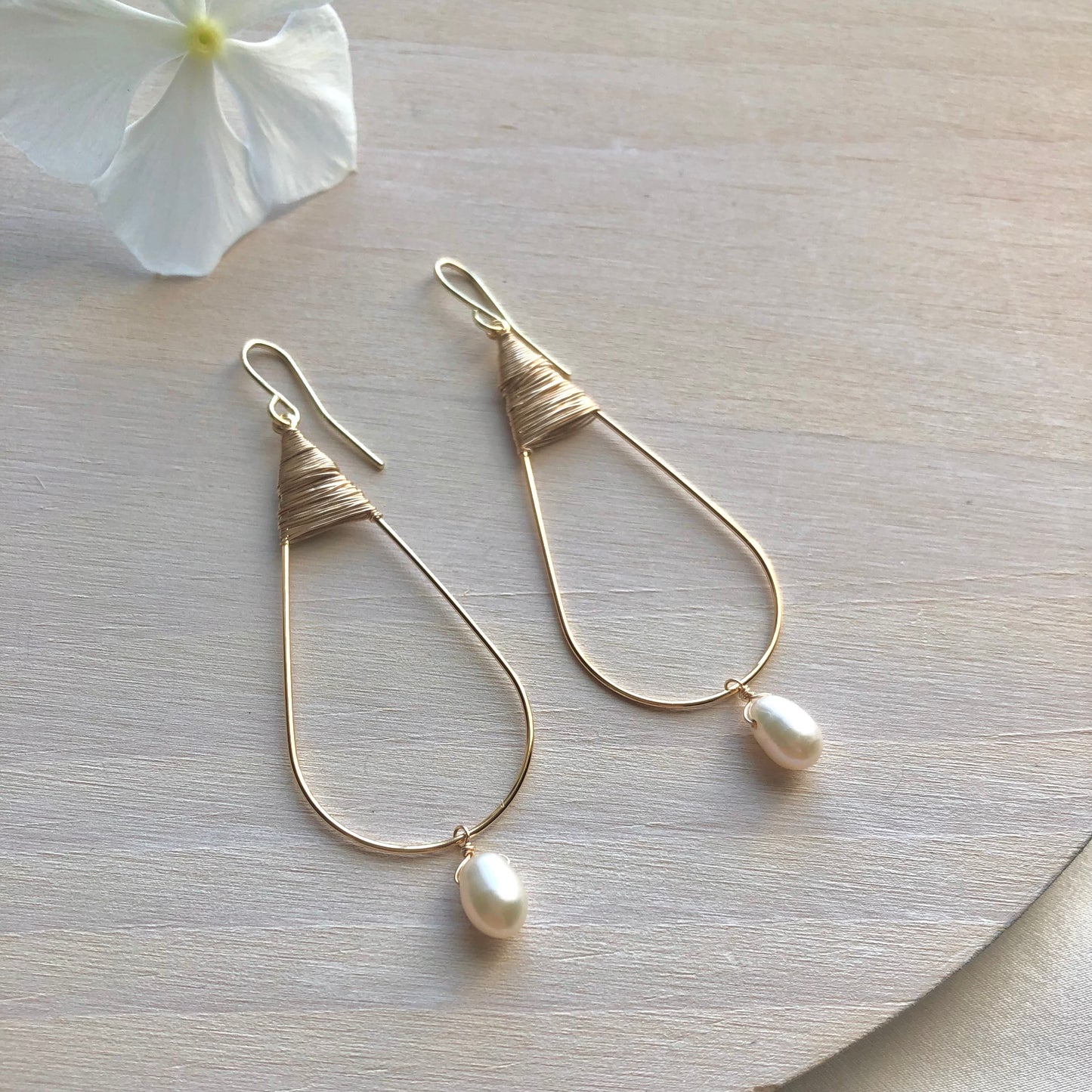 Gold Teardrop Earrings in Pearl