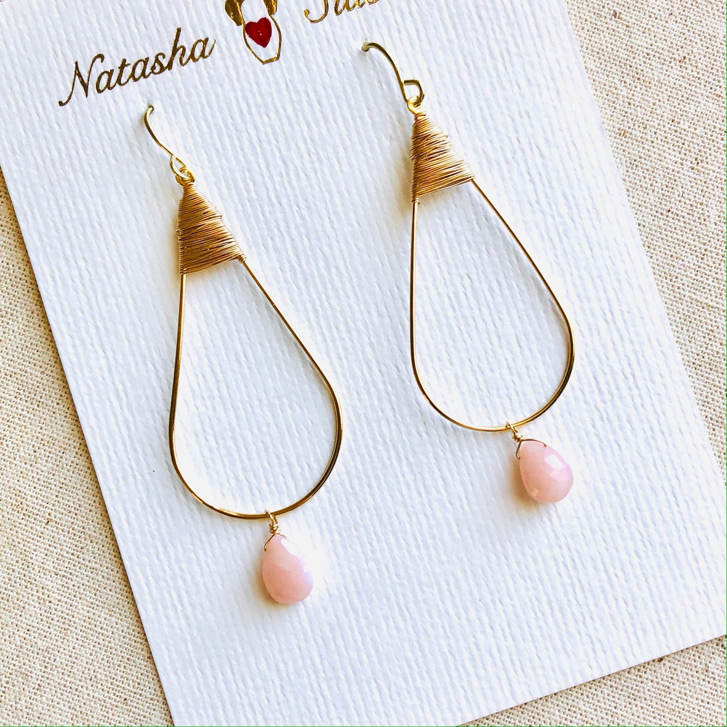 Gold Teardrop Earrings in Pink Opal