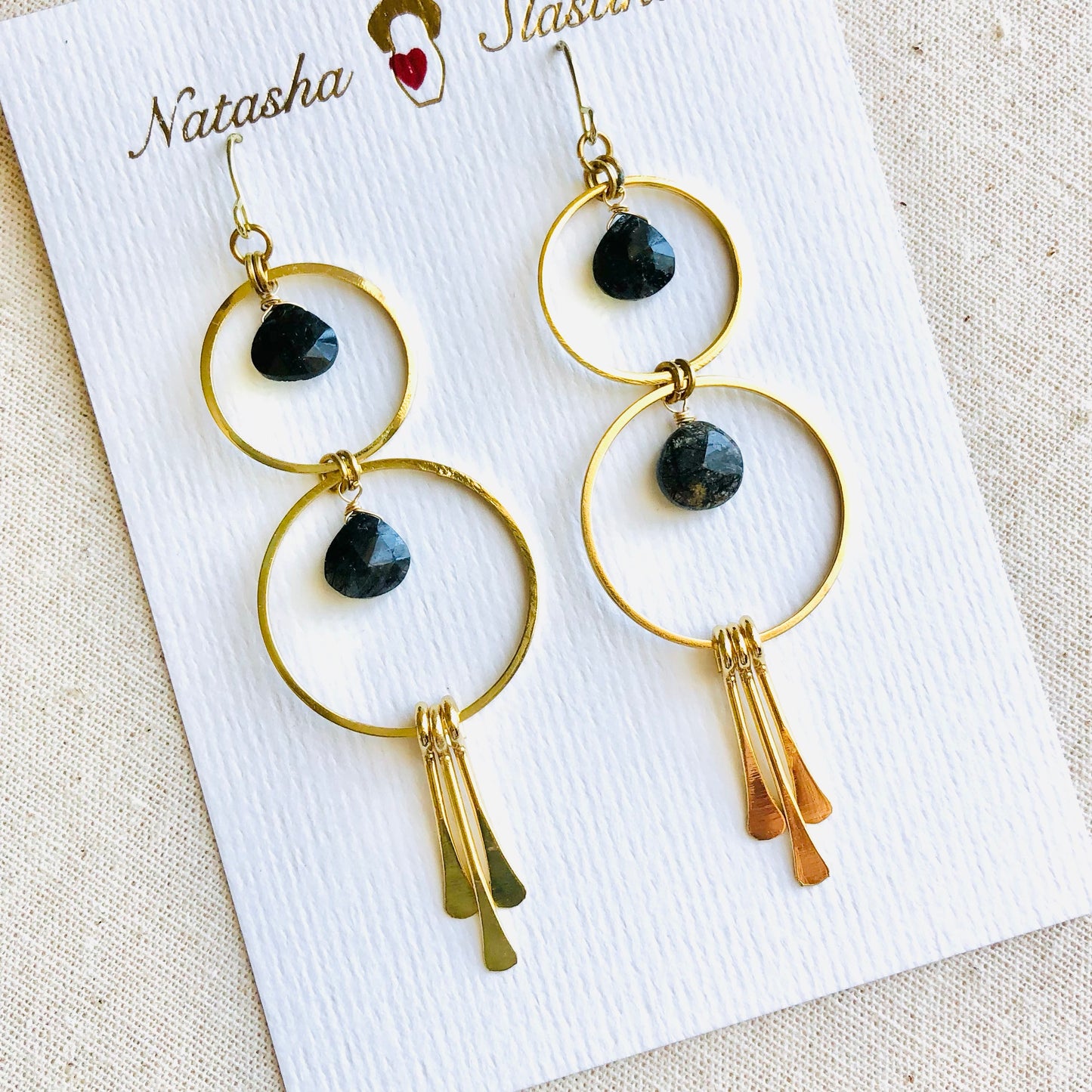 Double Hoop & Black Rutilated Quartz Earrings