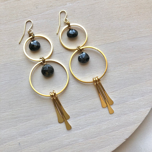 Double Hoop & Black Rutilated Quartz Earrings