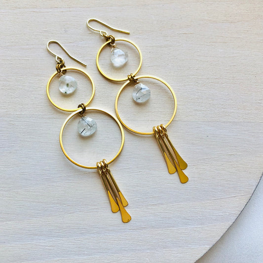 Double Hoop & Clear Rutilated Quartz Earrings